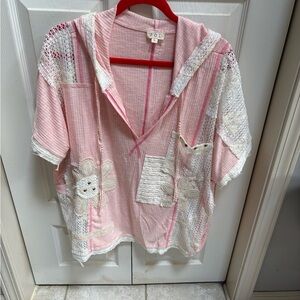 POL Pink Ribbed Hooded Top with Crochet Trim